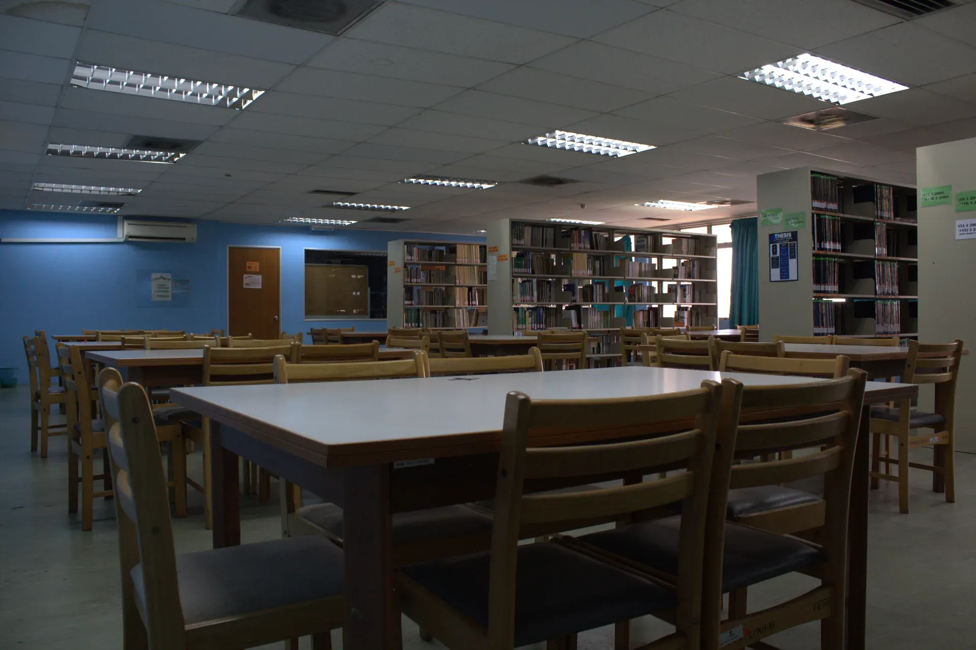 Library shelves and a quiet study environment