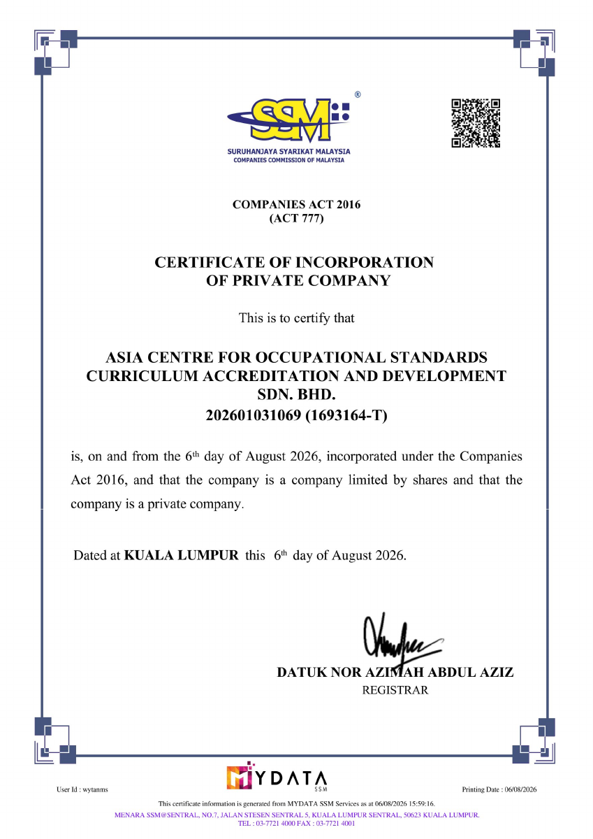 Certificate of incorporation, issued by Companies Commission of Malaysia (SSM)