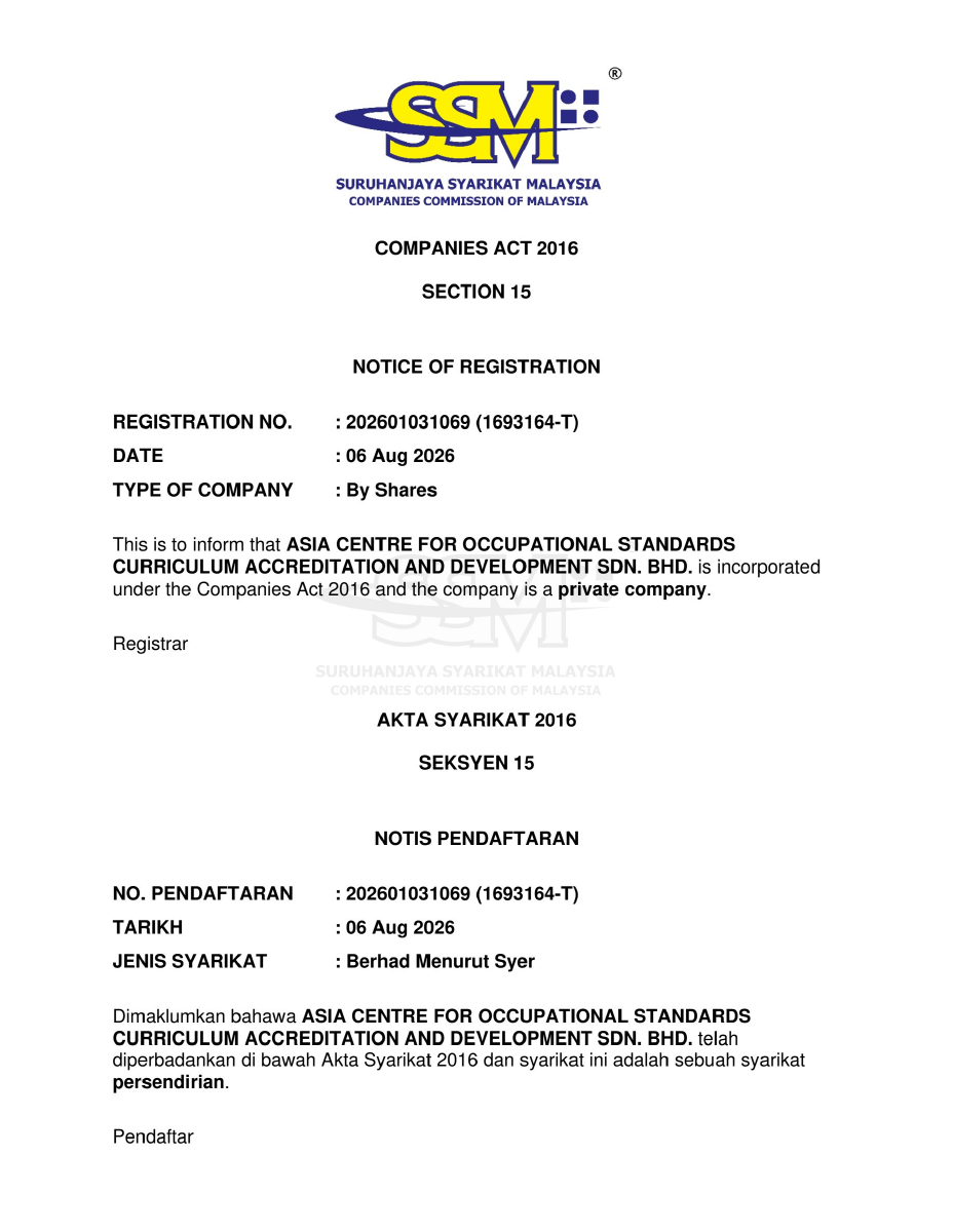 Notice of registration, issued by Companies Commission of Malaysia (SSM)